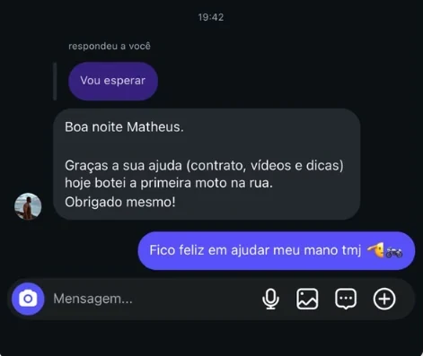 Captura da mensagem sobre colocar a primeira moto na rua